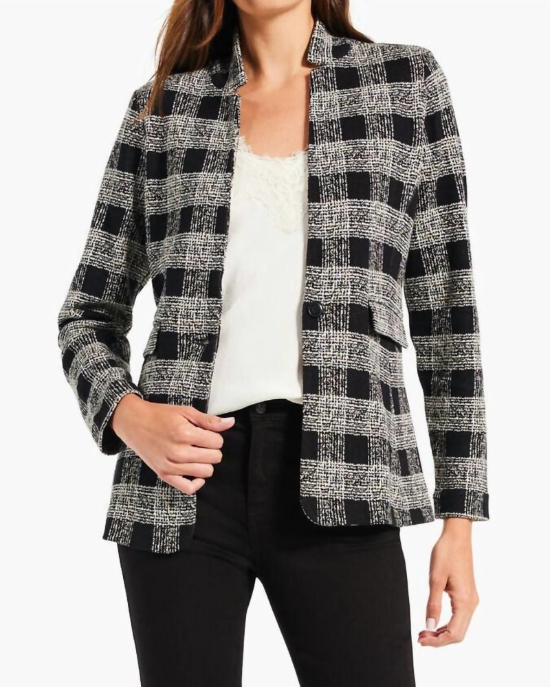 Front of a model wearing a size L Perfectly Plaid Knit Blazer in Black Multi in Black Multi by Nic + Zoe. | dia_product_style_image_id:326510